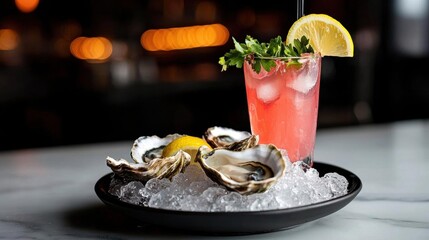 Black plate with three oysters on it. the oysters are arranged in a circular pattern on the plate, with one oyster on the left side and the other on the right side.
