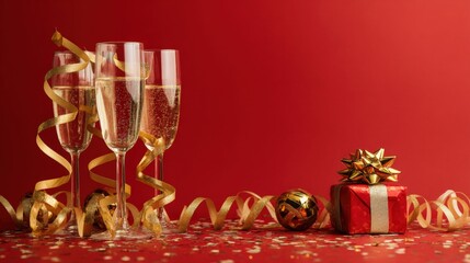 Two champagne glasses and a wrapped gift on a wooden table, bright natural light, celebratory setting.