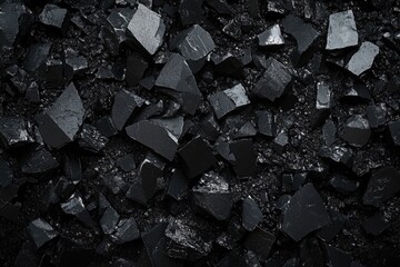 A close-up view of a surface covered in numerous black, jagged, and unevenly sized rock fragments