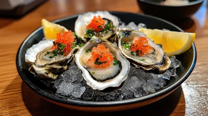 Plate of oysters on the half shell. the oysters are arranged in a circular pattern on a bed of ice. each oyster is topped with a generous amount of red caviar, which appears to be salmon or caviar.