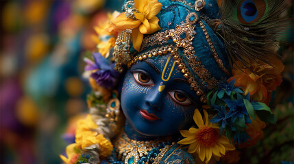 Shree Krishna Janmashtami, close-up of beautifully decorated baby Krishna idol, Ai generated images
