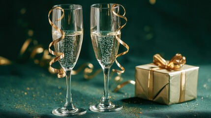 Two champagne flutes decorated with gold ribbons beside a wrapped gift box on a white background.
