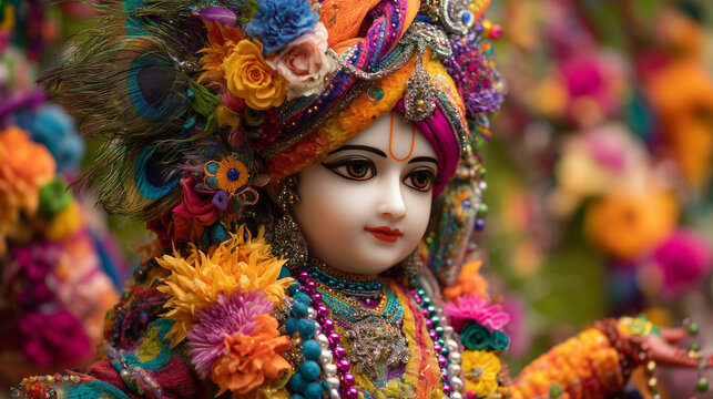 Shree Krishna Janmashtami, close-up of beautifully decorated baby Krishna idol, Ai generated images