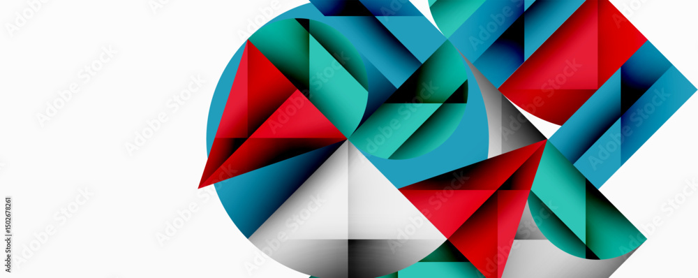 Poster abstract geometric shapes, triangles dominate composition. red, teal, white hues create modern visua