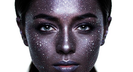 A radiant woman with shimmering cosmic makeup and stardust accents, positioned in the middle on a white background, celestial beauty, 