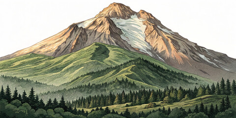Watercolor painting of a majestic mountain landscape with snow-capped peak isolated on white