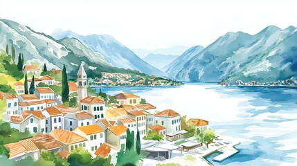 Bay of Kotor. Bay of Kotor hand drawn watercolor illustration