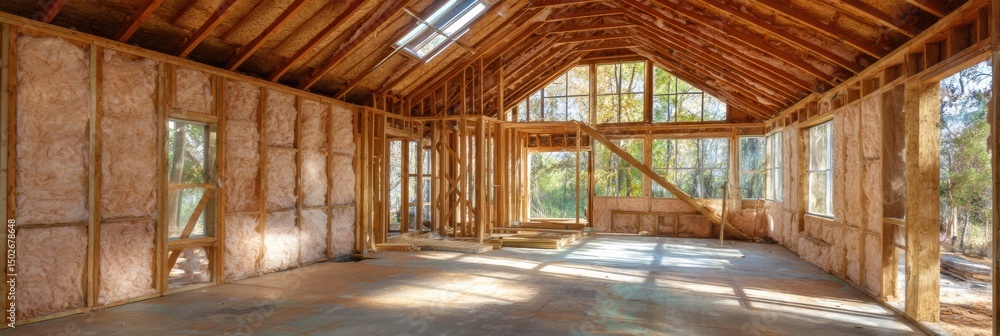 Poster frame house under construction with insulation and open upper zone showing natural light during dayl