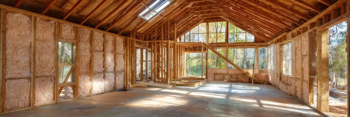 Frame House Under Construction With Insulation and Open Upper Zone Showing Natural Light During Daylight Hours