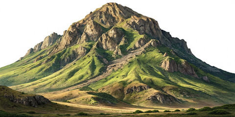 Lush green mountain peak with rocky outcrops isolated on white background