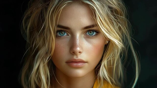A woman with blonde hair and blue eyes