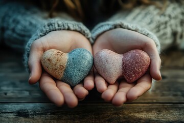a couple's hands holding heart-shaped stones on a wooden table, symbolizing love