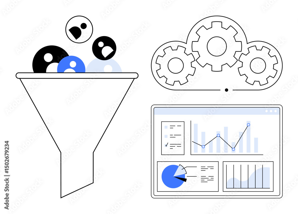 Poster funnel with icons flowing into data analytics dashboard, cloud with gear integration above. ideal fo