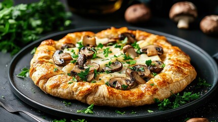 Freshly baked mushroom tart on a black plate. the tart has a golden brown crust and is topped with sliced mushrooms and melted cheese.