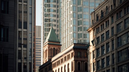 A blend of modern and classic architecture defines business core in a dramatic afternoon light..