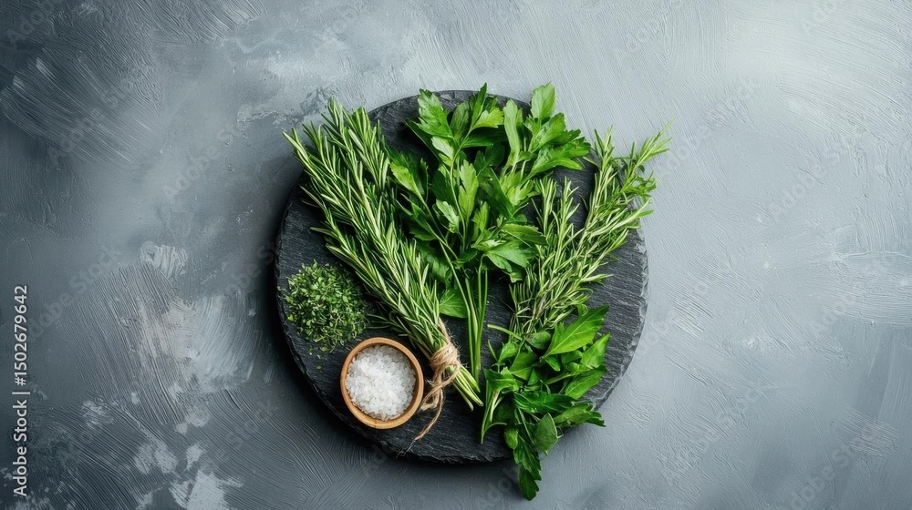 Poster black slate plate with a bunch of fresh herbs on it. the herbs are arranged in a circular pattern on