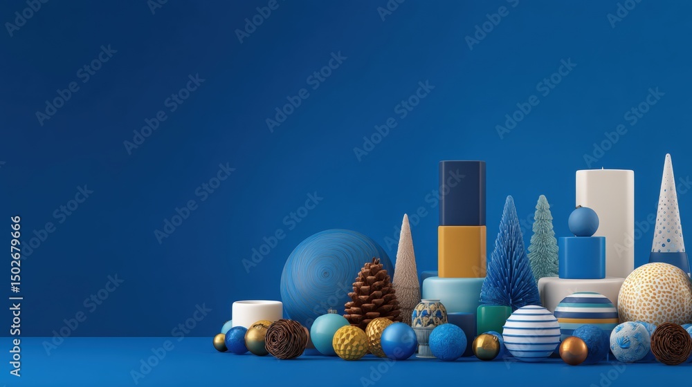 Poster flat lay of decorative objects on a vibrant blue background with varied shapes and textures.