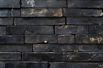 A close-up of a black brick wall with a rough texture