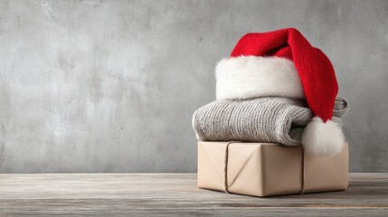 Neatly folded sweaters stacked with a red Santa hat on a cardboard box against a plain background.