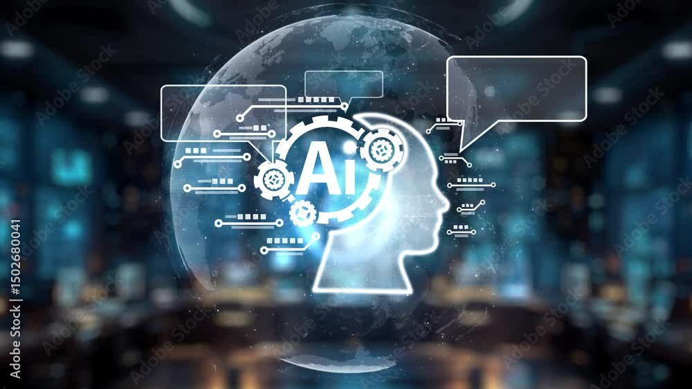 Poster a futuristic representation of artificial intelligence featuring a robotic hand interacting with a d