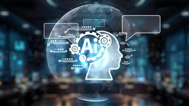 A futuristic representation of artificial intelligence featuring a robotic hand interacting with a digital brain, set in a high-tech environment depicting advanced communication. Auvana