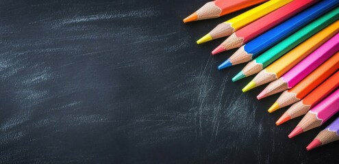 A close-up of a black chalkboard with colorful pencils arranged in a semi-circle along the bottom...
