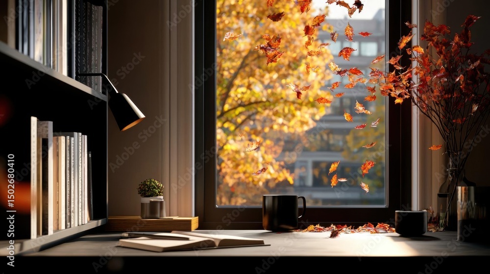Poster window with a view of a tree outside. the window is open and the leaves are in various shades of ora