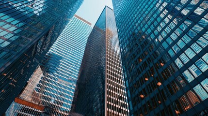 Naklejka na ściany i meble A cinematic view of business skyscrapers with sharp architectural lines and brilliant reflections..