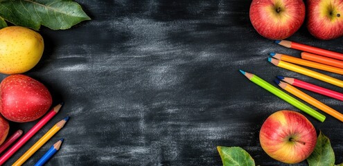 Colorful pencils and red apples surround a black chalkboard background