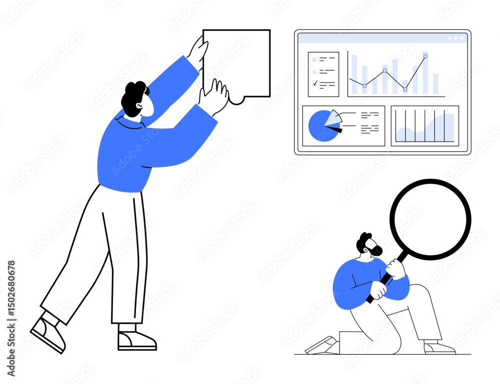 Poster person assembling puzzle piece, another examining insight with a magnifying glass next to data chart