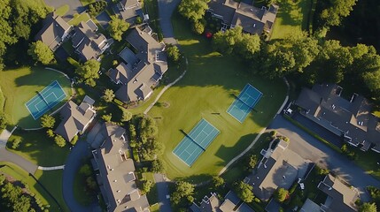 Aerial View of Upscale Community with Tennis Courts