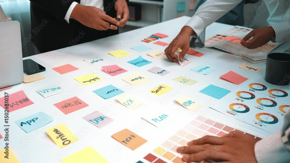 Poster a diverse group of professionals engages in a vibrant brainstorming session using sticky notes to ma