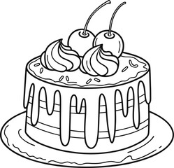 Black and White Line Art of a Dripping Cake with Cherries and Cream on Plate