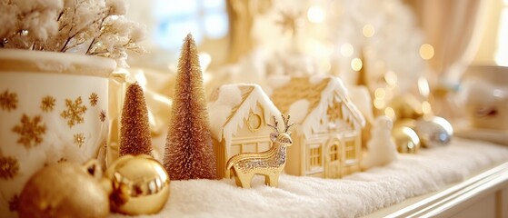 Festive Christmas decorations with ornaments, garlands, and lights on a cozy living room mantle.