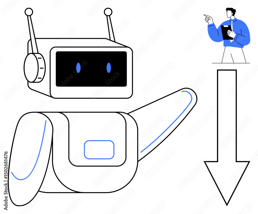 Poster robot extending arm downward paired with a businessman pointing, emphasizing guidance, teamwork, and