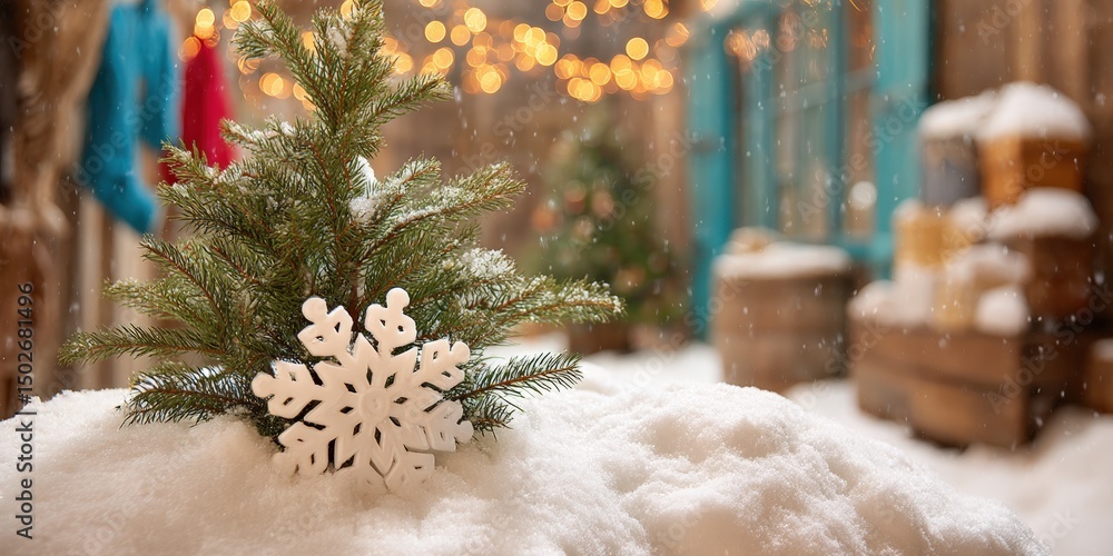 Poster close-up of a delicate snowflake resting on white snow beside a small evergreen tree branch in dayli