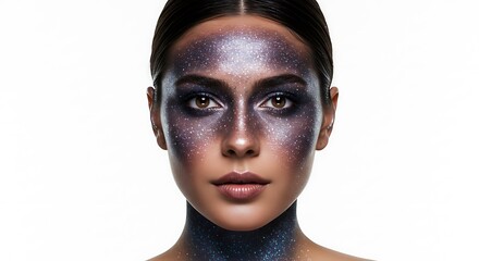 A radiant woman with shimmering cosmic makeup and stardust accents, positioned in the middle on a white background, celestial beauty, 