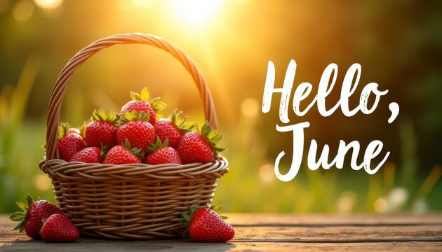 Basket brimming with freshly picked strawberries is bathed in the golden rays of sunrise, resting on a rustic wooden table. Inscription Hello, June. Typography, postcards, and calendars.