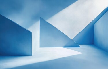 A minimalist blue interior with geometric shapes illuminated by natural light