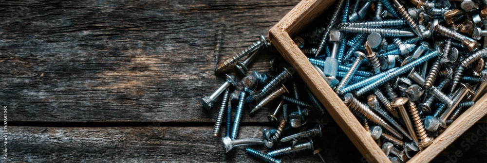 Aufkleber box of assorted nails and screws scattered on a wooden table with a clean top margin