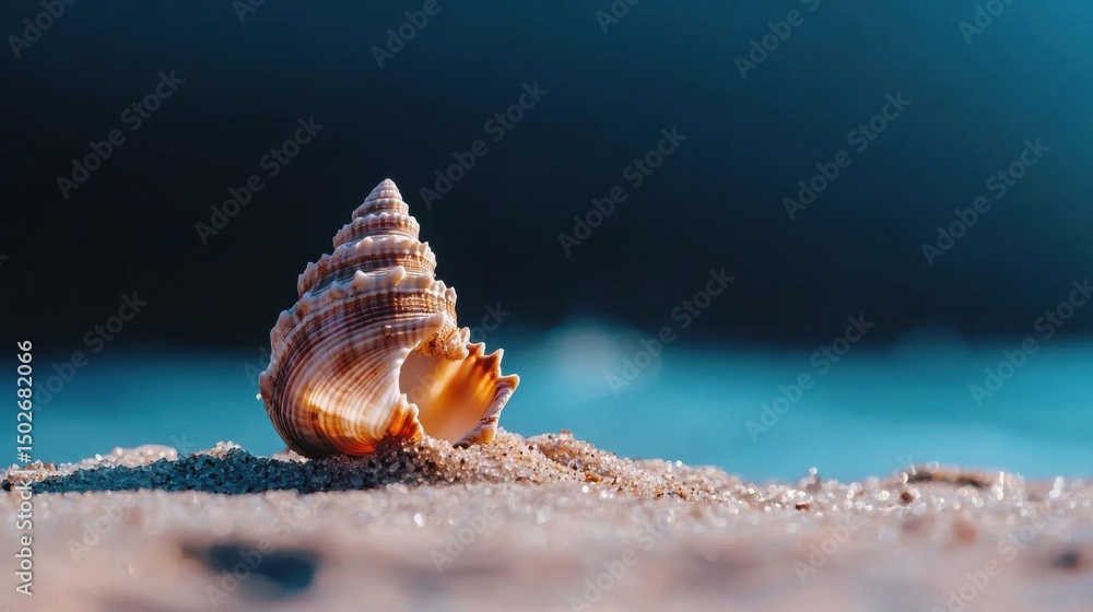 Poster close-up of a seashell on a sandy beach. the seashell is in the center of the image, with its shell 