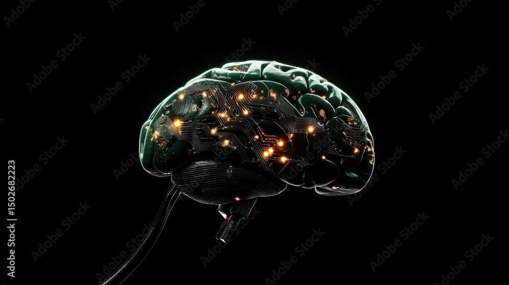 Poster digital illustration of a human brain. the brain is shown in a side view, with the top half of the b