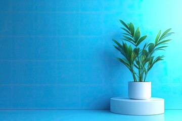 A potted plant with green leaves stands on a white pedestal against a blue wall