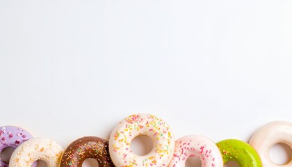 Colorful assorted donuts with icing and sprinkles on white background with copy space
