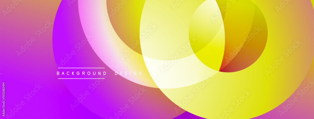 Poster Abstract vibrant design features overlapping circles. Gradient colors blend purple, pink, yellow creating dynamic visual effect. Modern background.