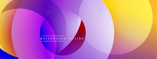 Abstract colorful overlapping circles create dynamic background. Gradient hues blend, forming modern visual effect. Design suggests fluidity, energy.