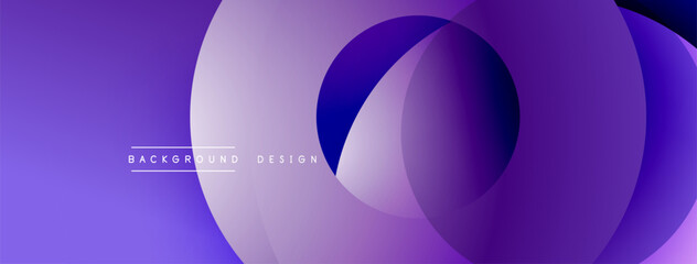 Purple abstract layers create dynamic background. Overlapping circles suggest depth, modern design aesthetic. Minimal text present.