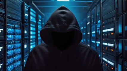 A hacker in black hood cyber crime , server technology background.