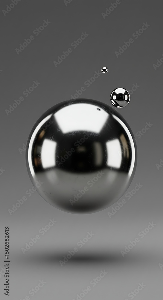 Poster chrome spheres metallic balls reflective surfaces abstract background 3d rendering grayscale image