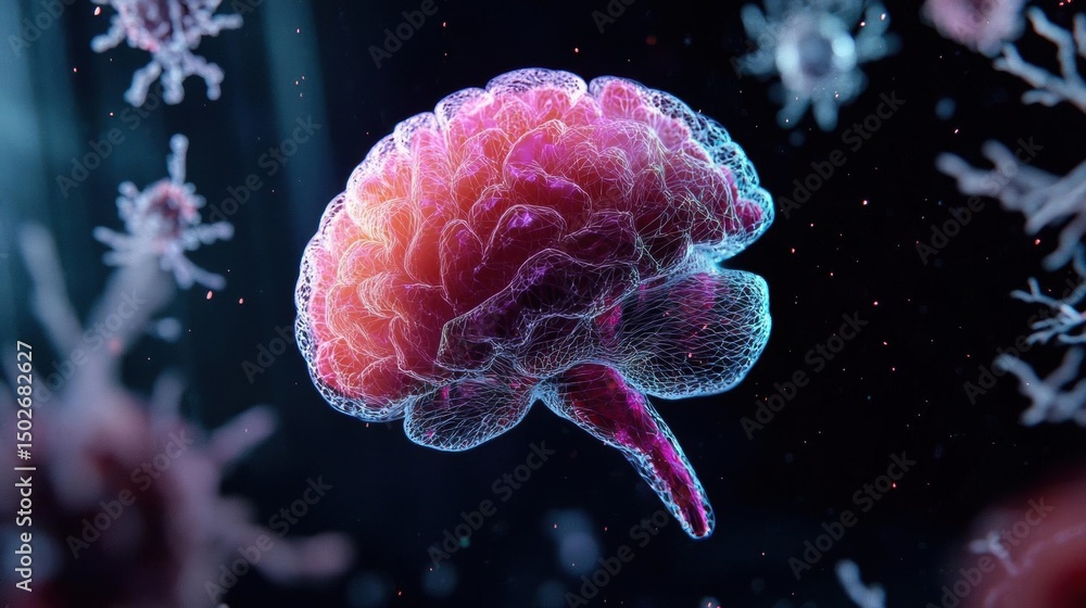Aufkleber 3d rendering of a human brain in the center of a dark background. the brain is pink and orange in co